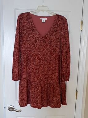 Lucky Brand Rust Paisley V-Neck Tiered Long Sleeve Dress, M